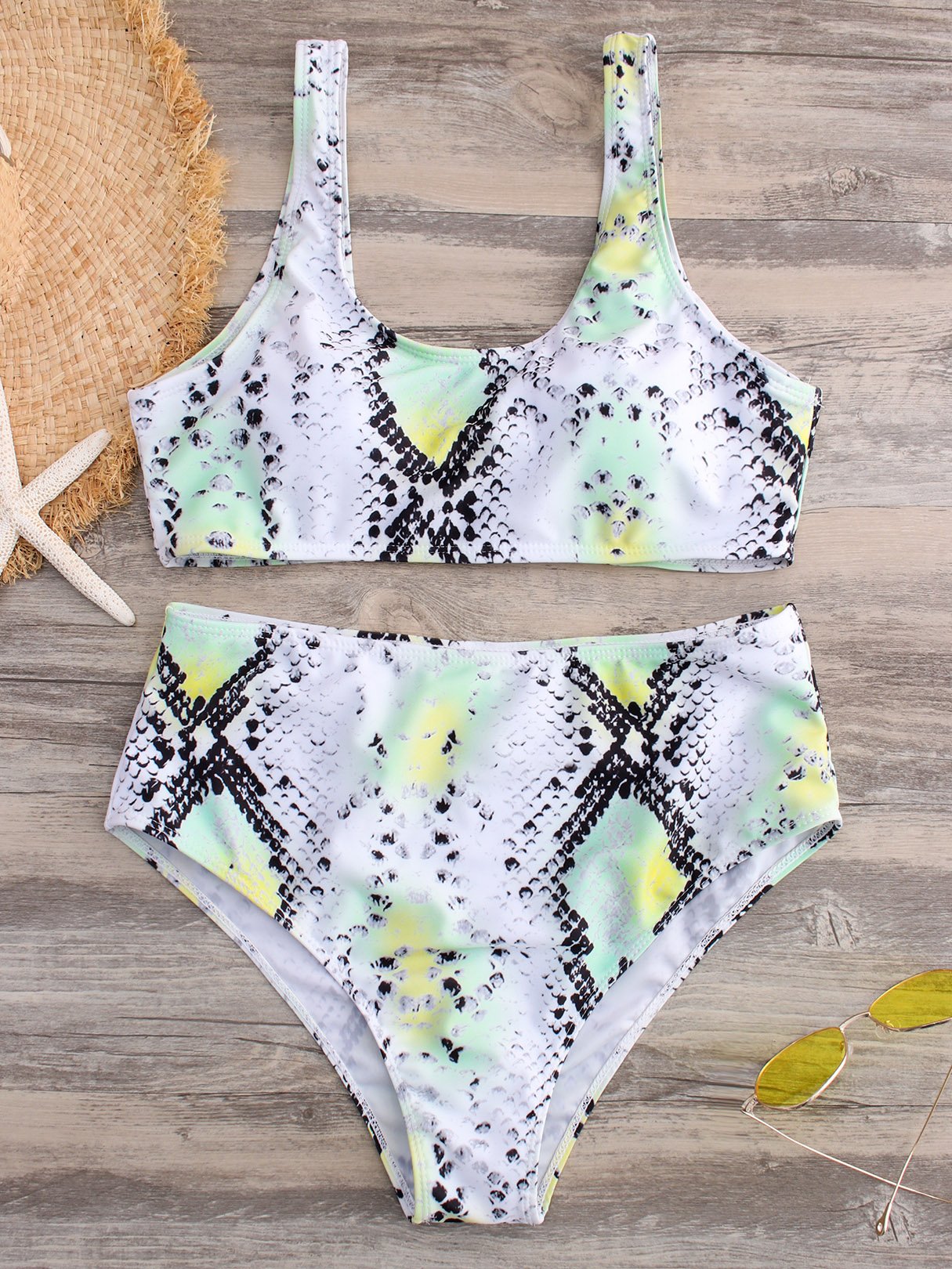 Wholesale White Scoop Neck Sleeveless Snake High-Waisted Two Piece Bikinis