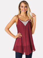 Wholesale V-Neck Sequins Embellished Sleeveless Irregular Hem Burgundy Camis