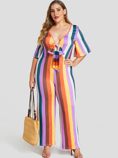 Wholesale Deep V Neck Stripe Half Sleeve Plus Size Bottoms