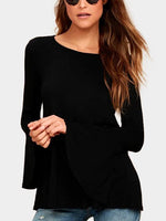 Wholesale Round Neck Plain Backless Slit Long Sleeve Black T-Shirts