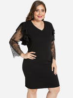 Wholesale V-Neck Plain Lace Long Sleeve Plus Size Dress