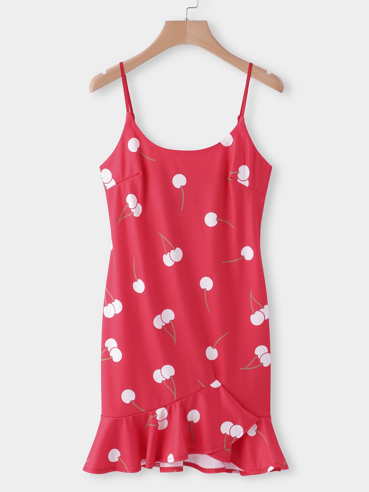 Wholesale Red Scoop Neck Sleeveless Floral Print Zip Back Spaghetti Strap Flounced Hem Casual Dresses