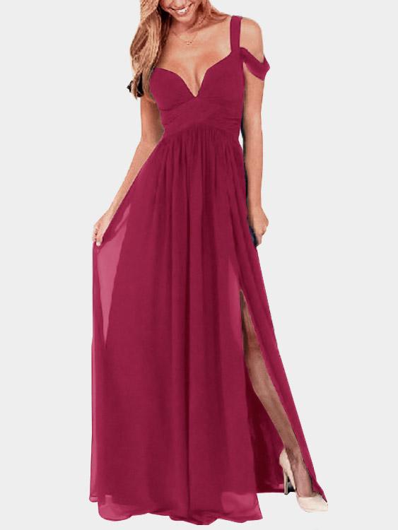 Wholesale V-Neck Cold Shoulder Slit Sleeveless Burgundy Sexy Dresses