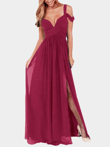 Wholesale V-Neck Cold Shoulder Slit Sleeveless Burgundy Sexy Dresses