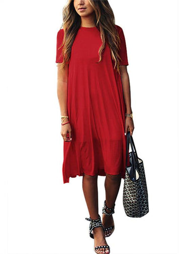 Wholesale Red Crew Neck Short Sleeve Shirt Dresses