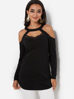Wholesale Halter Plain Lace Cut Out Long Sleeve Ruffle Hem Black Top