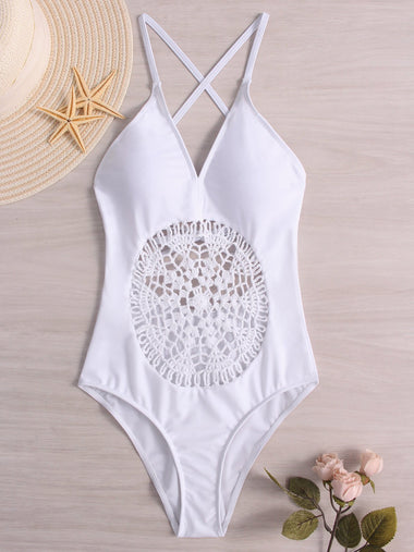 Wholesale Halter Deep V Neck Sleeveless Plain Backless Hollow One-Pieces Swimwears
