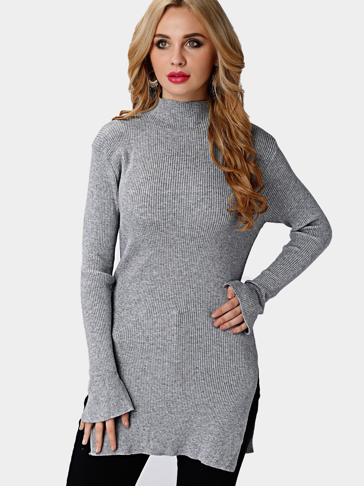 Wholesale Plain Long Sleeve Slit Hem T-Shirts