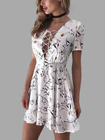 Wholesale White V-Neck Short Sleeve Floral Print Lace-Up Dresses