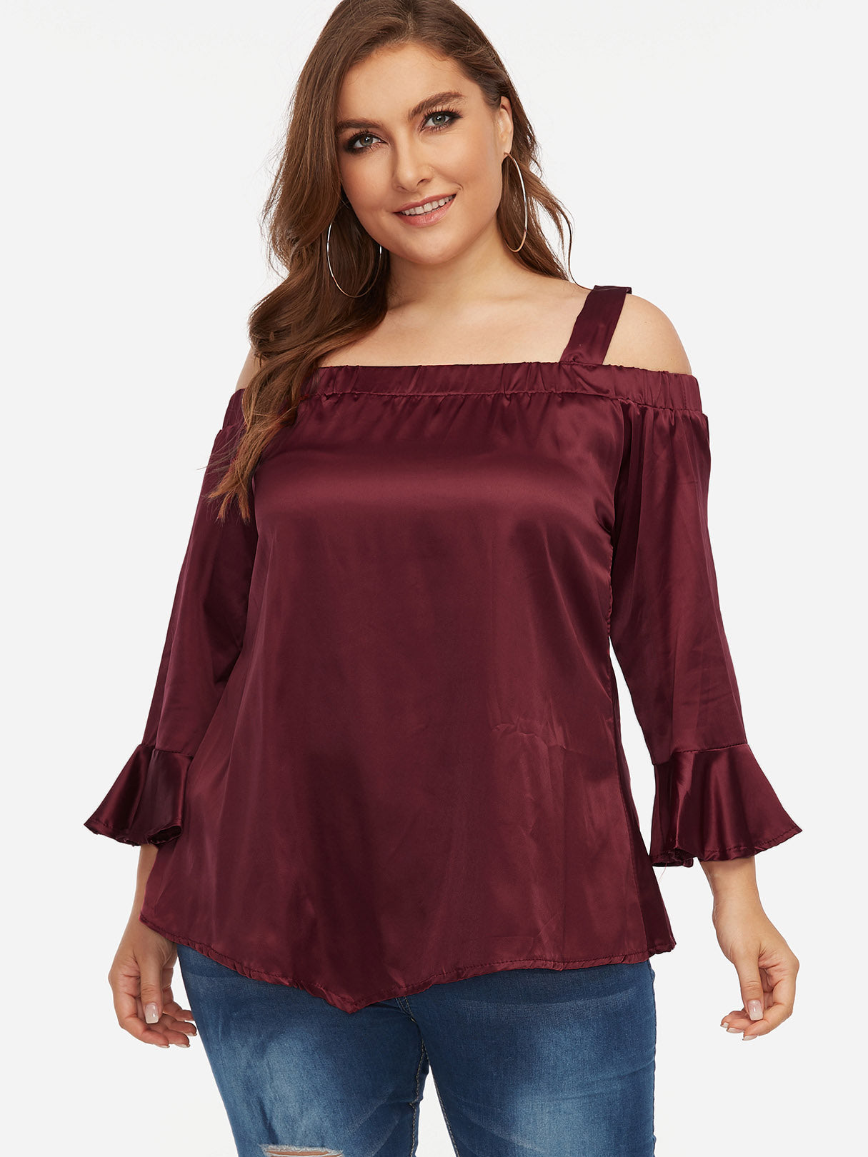 Wholesale Cold Shoulder Plain Long Sleeve Burgundy Plus Size Tops