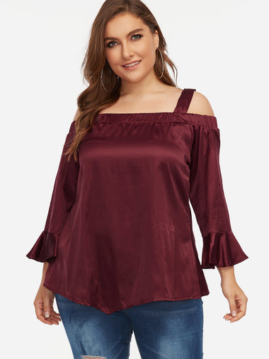 Wholesale Cold Shoulder Plain Long Sleeve Burgundy Plus Size Tops