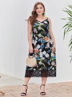 Wholesale V-Neck Floral Print Lace Sleeveless Black Plus Size Dress