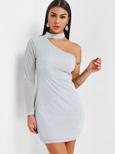 Wholesale Silver One Shoulder Long Sleeve Sequins Embellished Bodycon Mini Dress