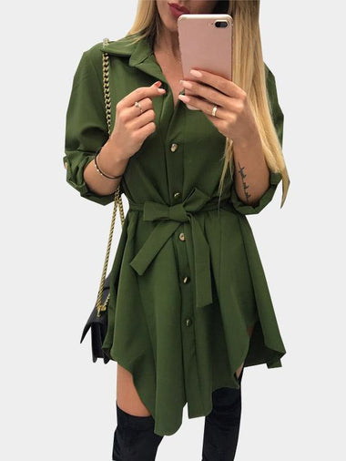 Wholesale Army Green Classic Collar Long Sleeve Plain Lace-Up Irregular Hem Mini Dress