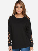 Wholesale Scoop Neck Plain Hollow Lace-Up Cut Out Long Sleeve Black T-Shirts