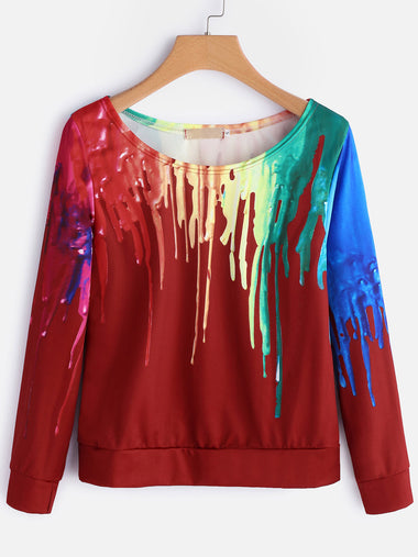 Wholesale Round Neck Asymmetrical One Shoulder Fantasy Colour Long Sleeve Red T-Shirts