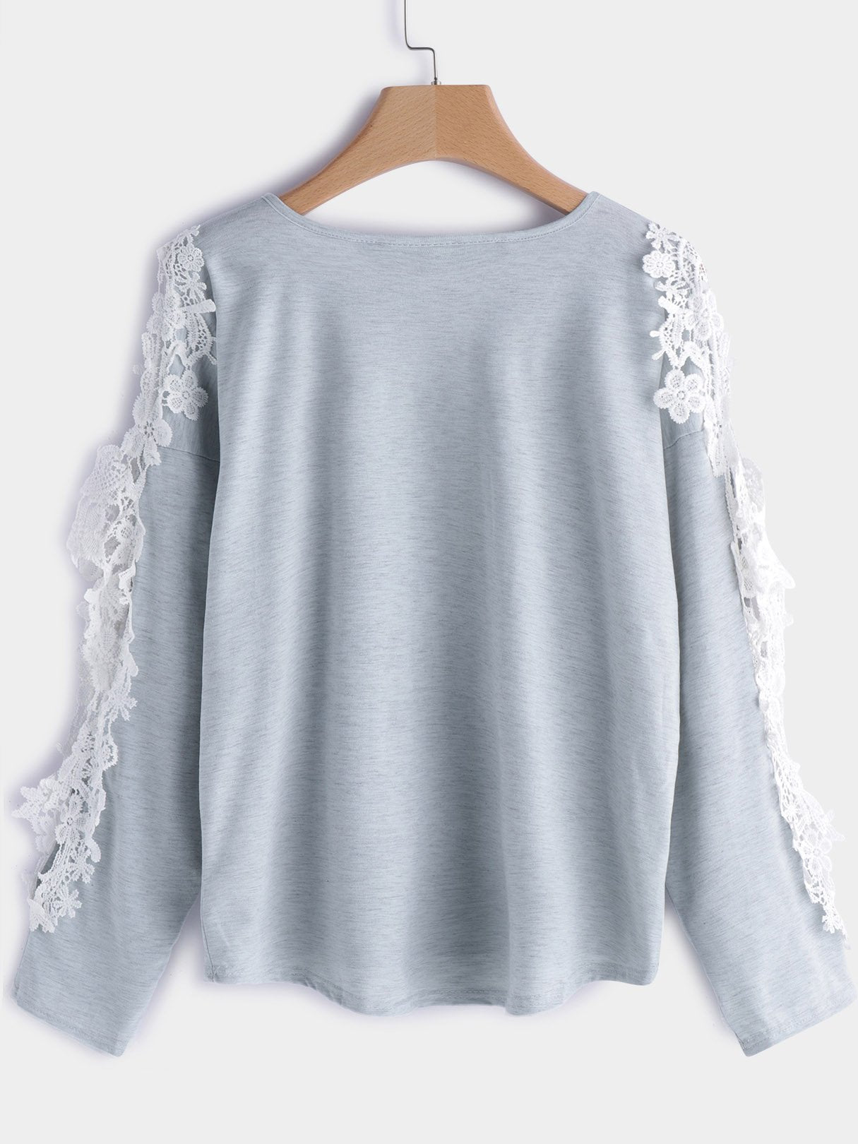 Wholesale Round Neck Plain Lace Cut Out Long Sleeve Grey T-Shirts