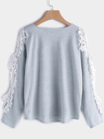 Wholesale Round Neck Plain Lace Cut Out Long Sleeve Grey T-Shirts