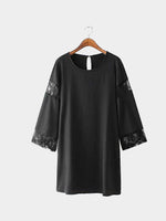 Wholesale Black Round Neck Long Sleeve Lace Curved Hem Casual Dress