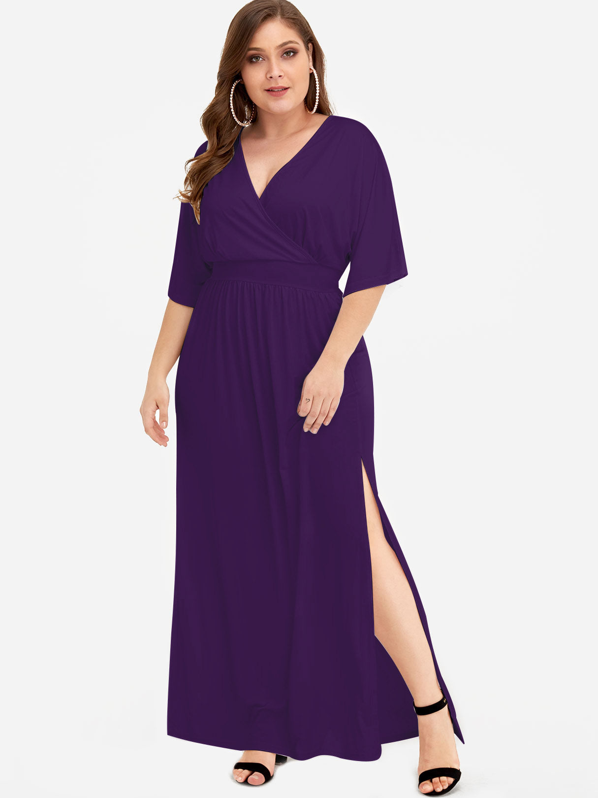 Wholesale V-Neck Plain Cut Out Wrap Half Sleeve Slit Hem Plus Size Maxi Dresses