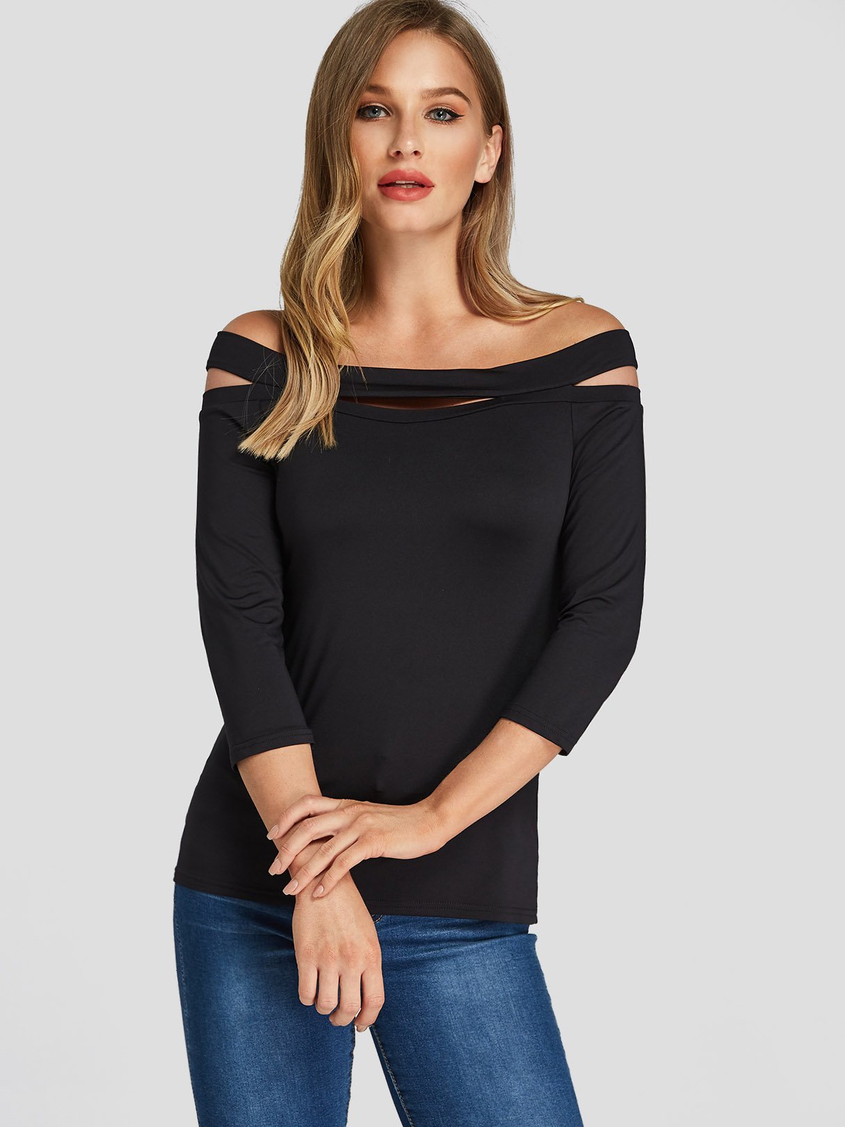 Wholesale Off The Shoulder Hollow 3/4 Length Sleeve Black Top