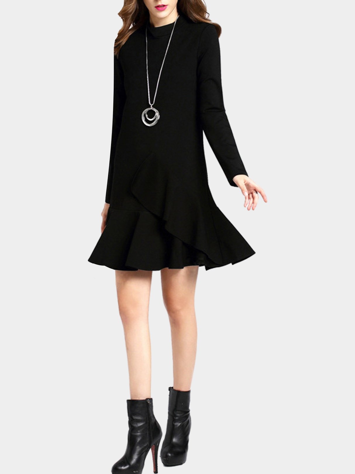 Wholesale Chimney Collar Zip Back Long Sleeve Flounced Hem Black Mini Dress