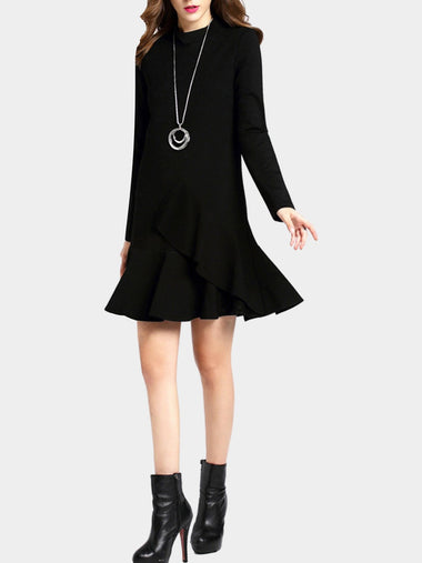 Wholesale Chimney Collar Zip Back Long Sleeve Flounced Hem Black Mini Dress