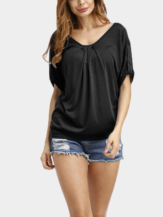 Wholesale Round Neck Plain Cut Out Pleated 3/4 Sleeve Black T-Shirts