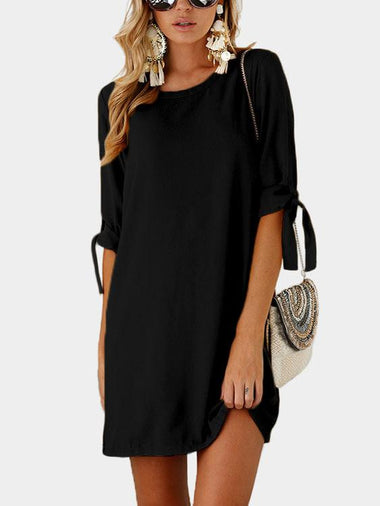 Wholesale Crew Neck Half Sleeve Plain Self-Tie Mini Dresses