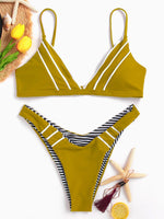 Wholesale Yellow V-Neck Sleeveless Stripe Bikini Set Swimwear