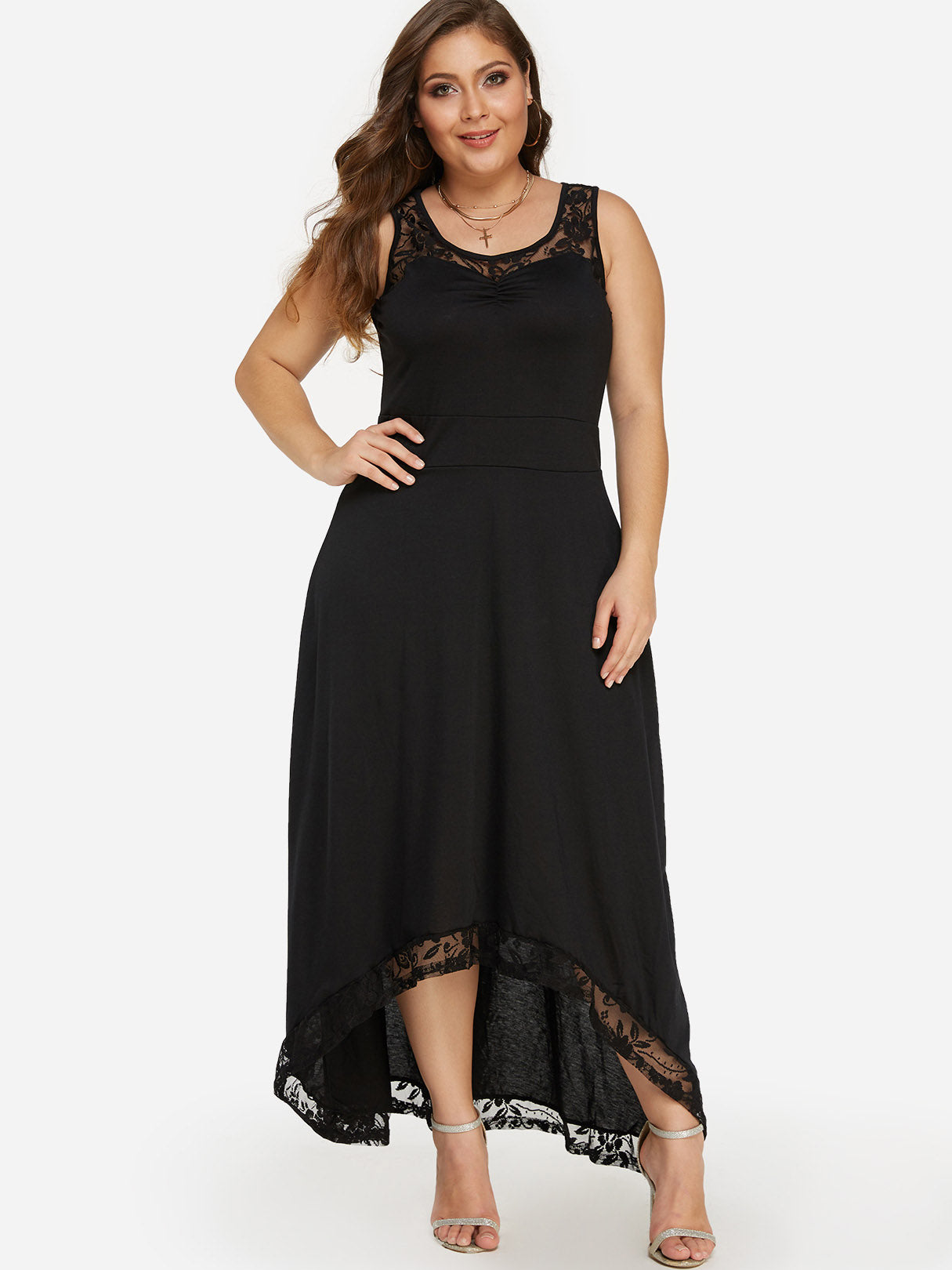 Wholesale Round Neck Plain Lace Sleeveless High-Low Hem Black Plus Size Maxi Dresses