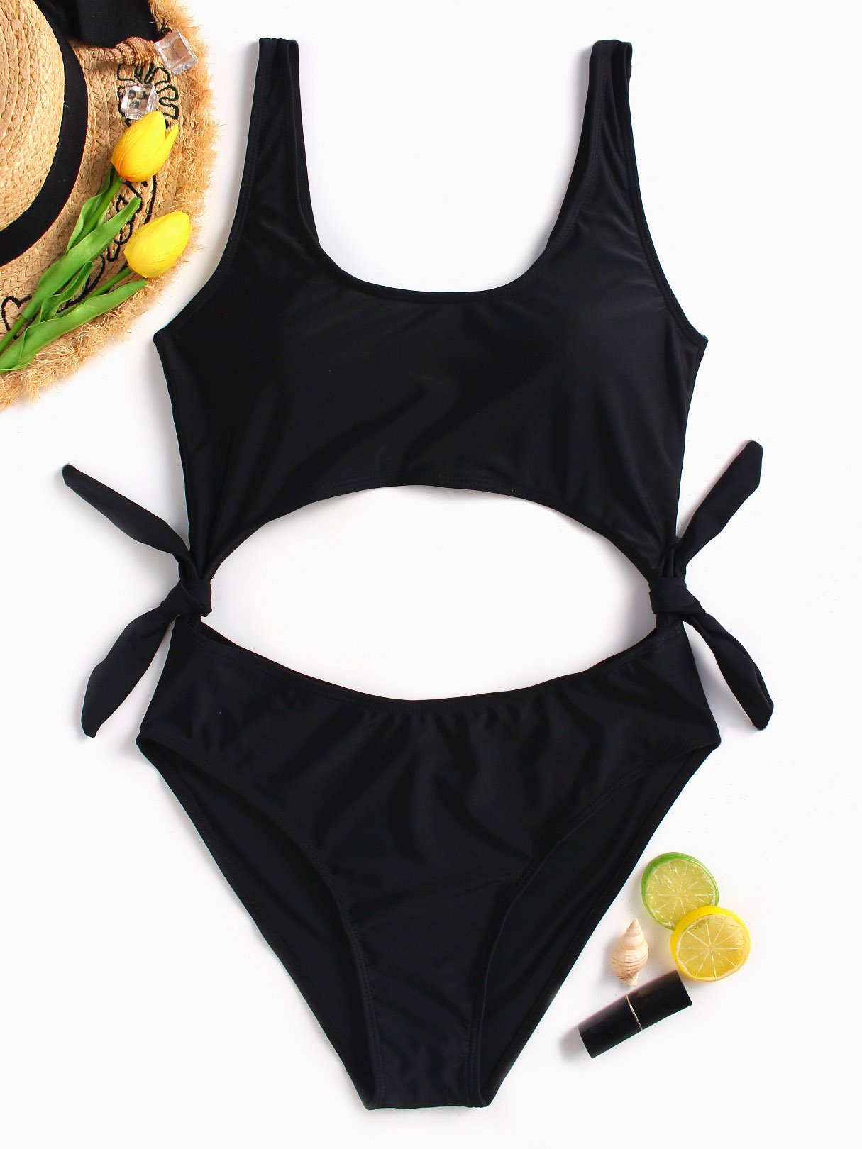 Wholesale Black Scoop Neck Sleeveless Plain Bowknot High-Waisted One-Pieces Swimwears