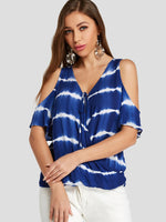 Wholesale Deep V Neck Stripe Crossed Front Half Sleeve Blue Blouses