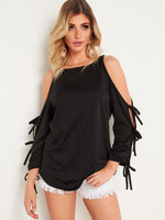 Wholesale Round Neck Cold Shoulder Lace-Up Cut Out Long Sleeve Black T-Shirts