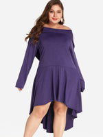 Wholesale Off The Shoulder Plain Lace Hooded Long Sleeve High-Low Hem Purple Plus Size Dress