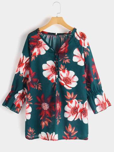 Wholesale V-Neck Floral Print 3/4 Sleeve Green Plus Size Tops