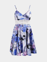 Wholesale V-Neck Sleeveless Floral Print Lace Zip Back Flounced Hem Dresses