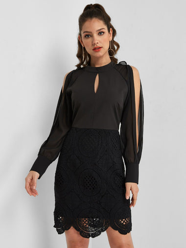 Wholesale Black Round Neck Long Sleeve Lace Cut Out Sexy Dresses