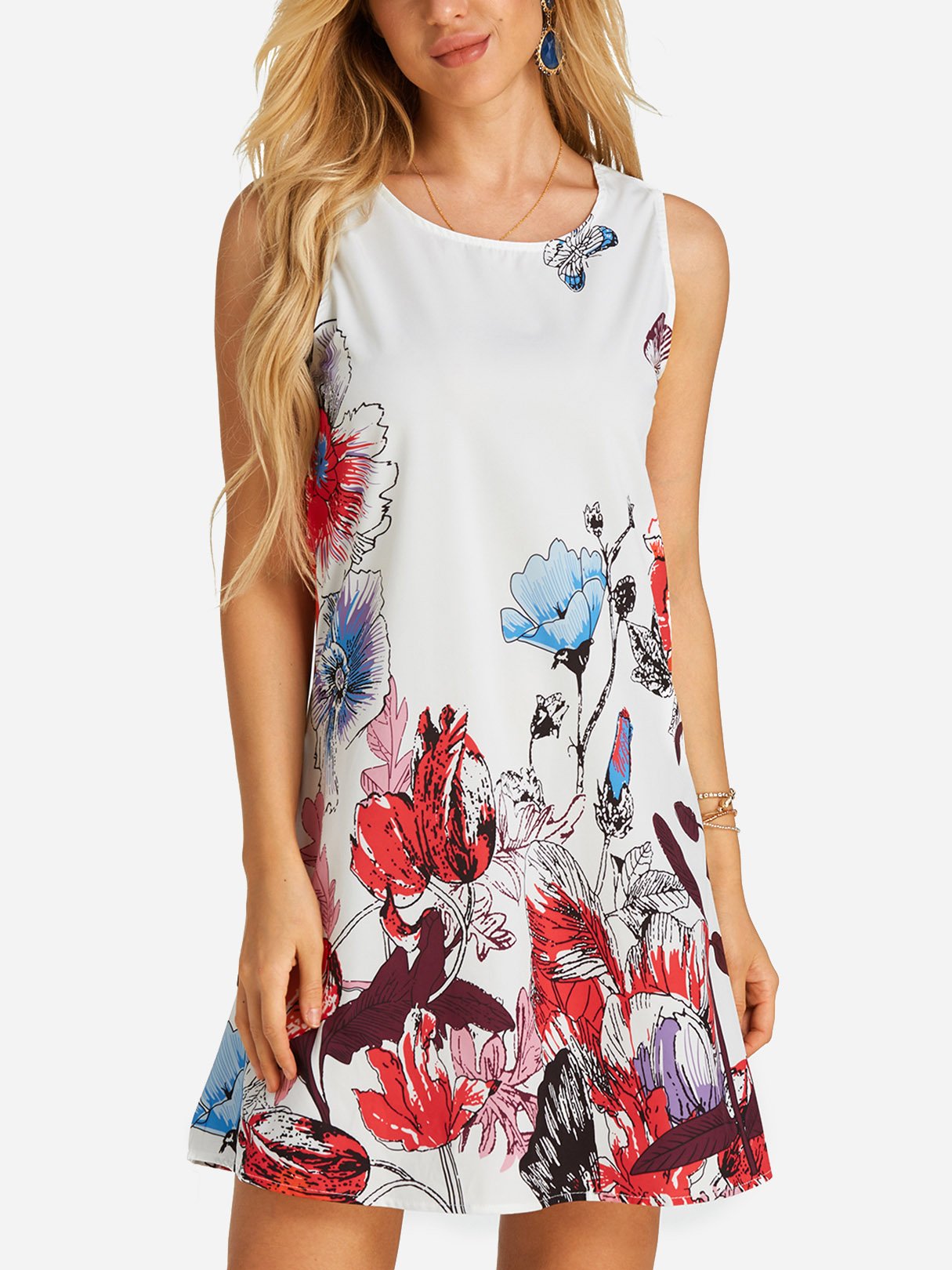 Wholesale White Floral Print Crew Neck Sleeveless Dresses