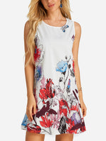 Wholesale White Floral Print Crew Neck Sleeveless Dresses