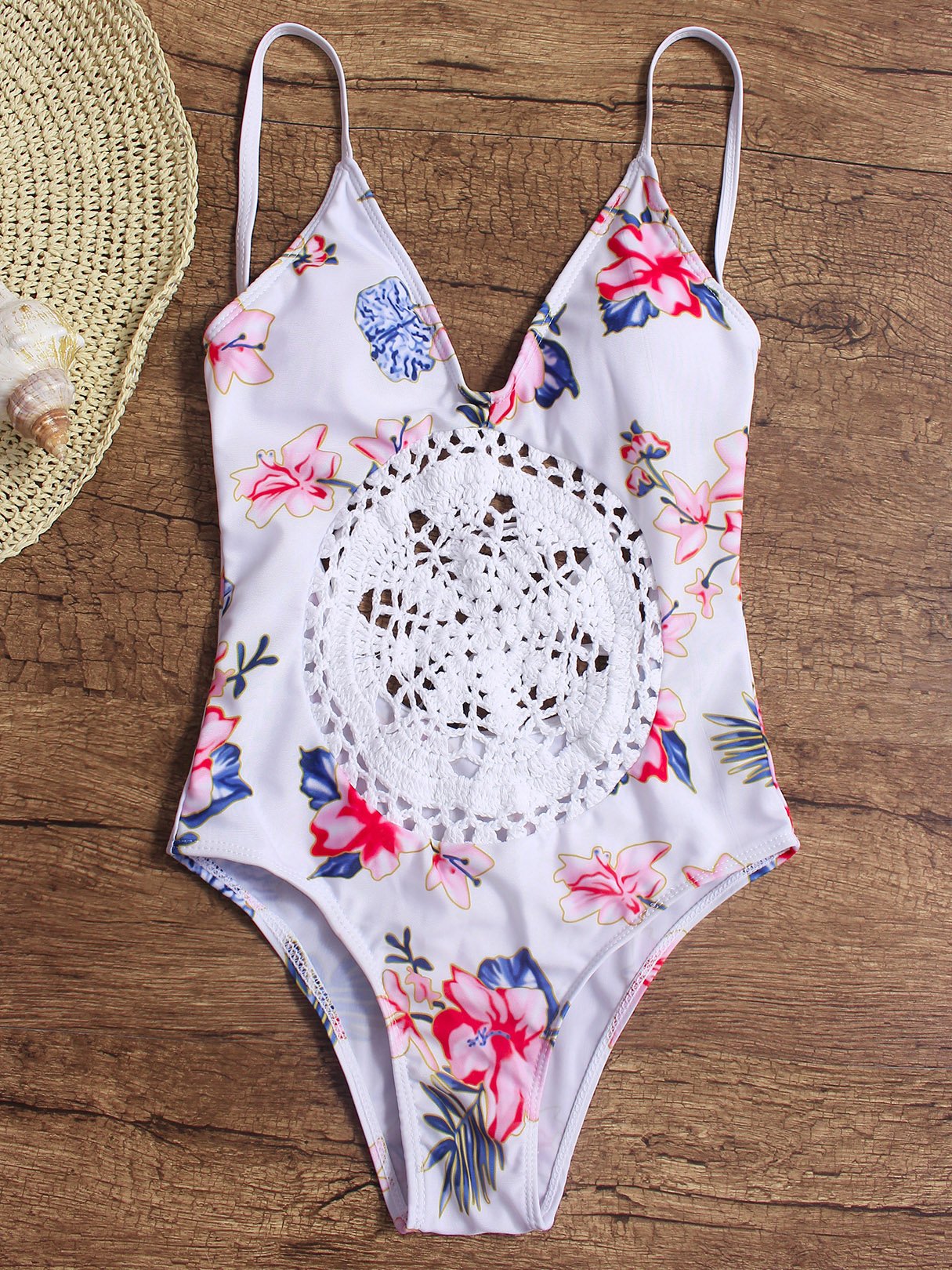 Wholesale V-Neck Sleeveless Floral Printed Crochet Lace Embellished Backless Hollow One-Pieces Swimsuits