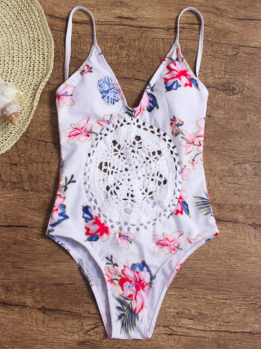 Wholesale V-Neck Sleeveless Floral Printed Crochet Lace Embellished Backless Hollow One-Pieces Swimsuits