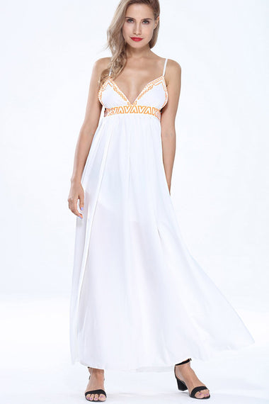 Wholesale White V-Neck Sleeveless Letter Backless Slit Hem Maxi Dress