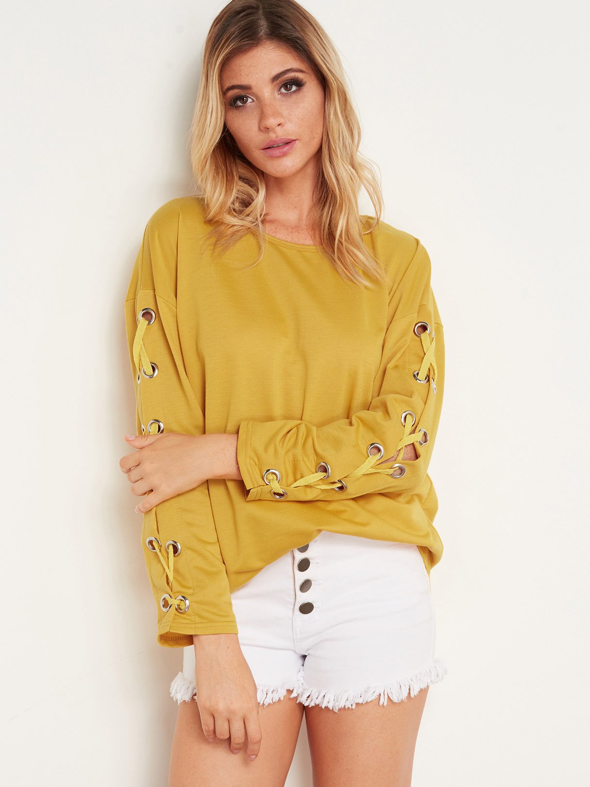 Wholesale Round Neck Plain Tie-Up Long Sleeve Yellow T-Shirts