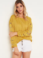 Wholesale Round Neck Plain Tie-Up Long Sleeve Yellow T-Shirts