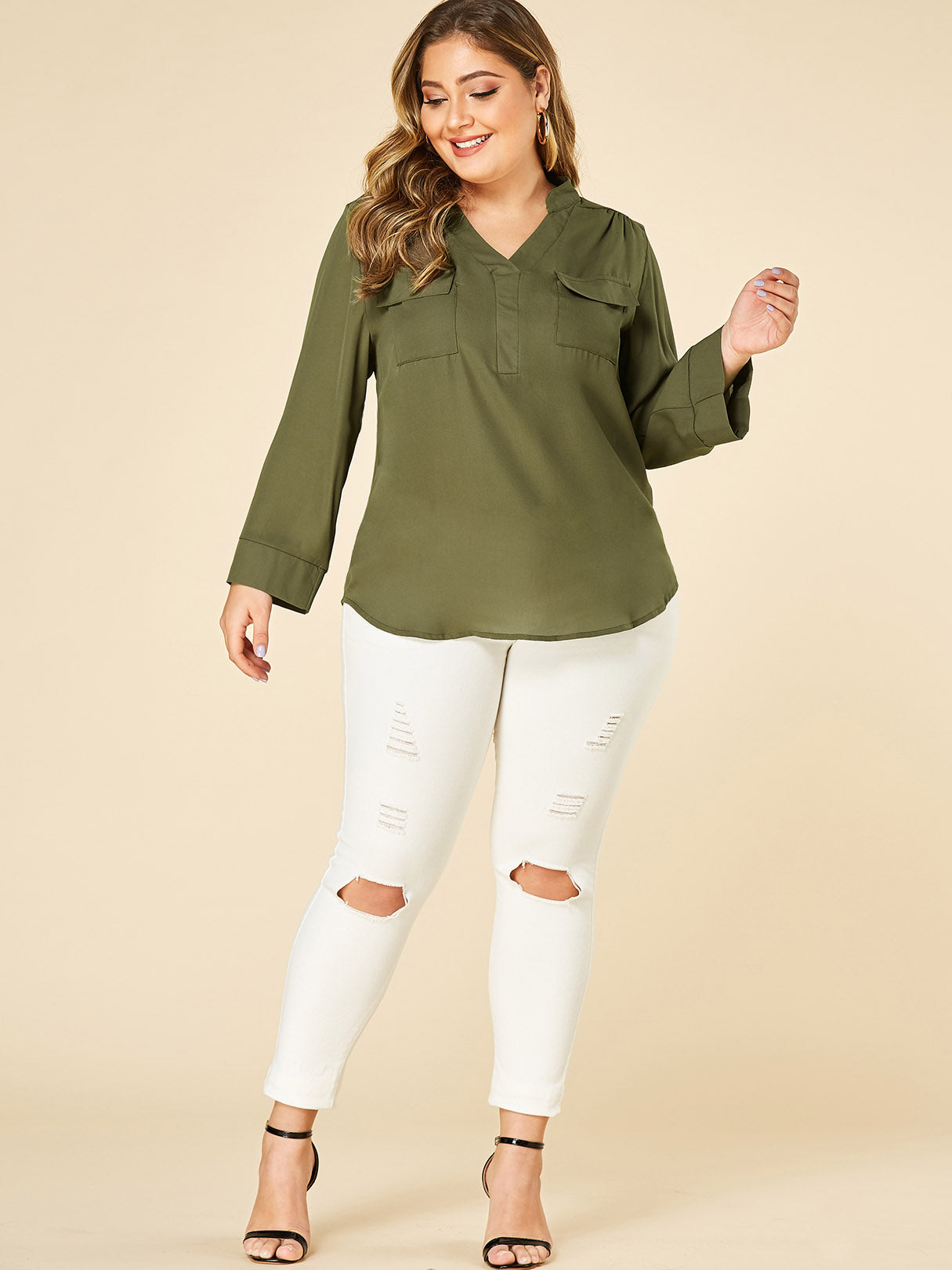 NEW FEELING Womens Army Green Plus Size Tops