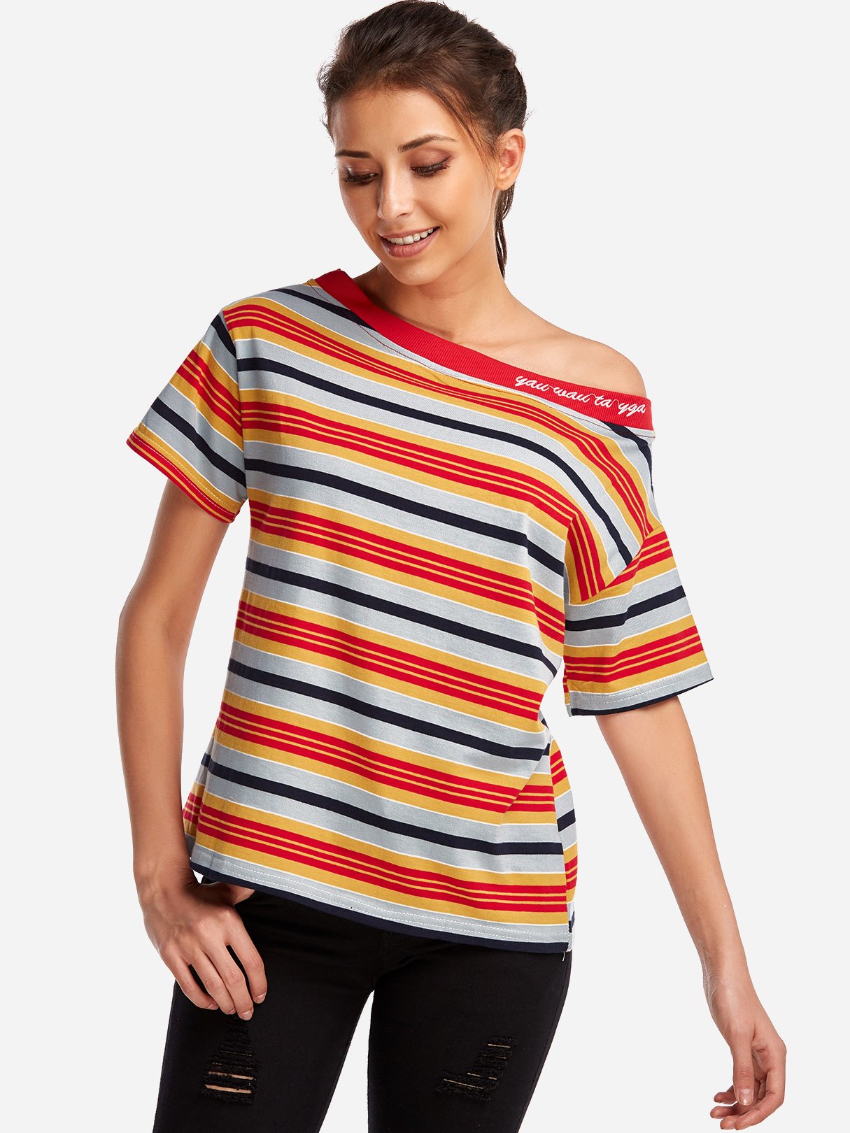 Wholesale Round Neck Stripe Short Sleeve Red T-Shirts