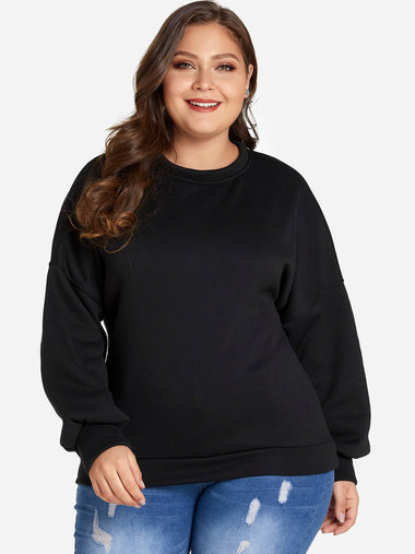 Wholesale Round Neck Plain Backless Cut Out Long Sleeve Black Plus Size Tops