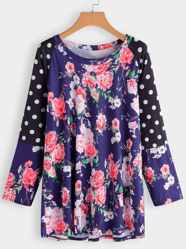 Wholesale Round Neck Floral Print Long Sleeve Oversized Tops