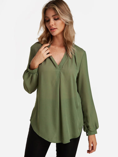 Wholesale V-Neck Plain Long Sleeve Curved Hem Army Green Blouses